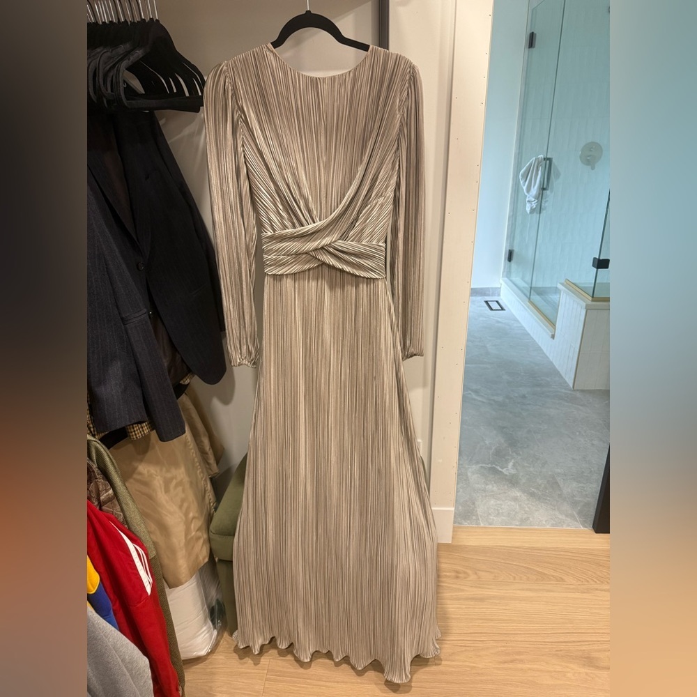 Long Sleeve Pleated Maxi Dress in Taupe